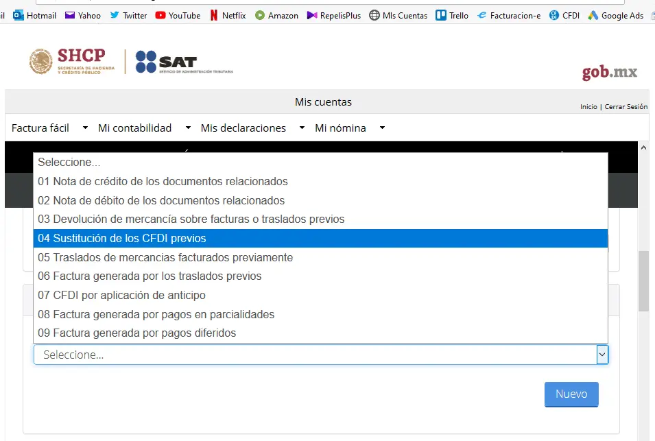 2. Selecciona el Tipo de Relación CFDI
