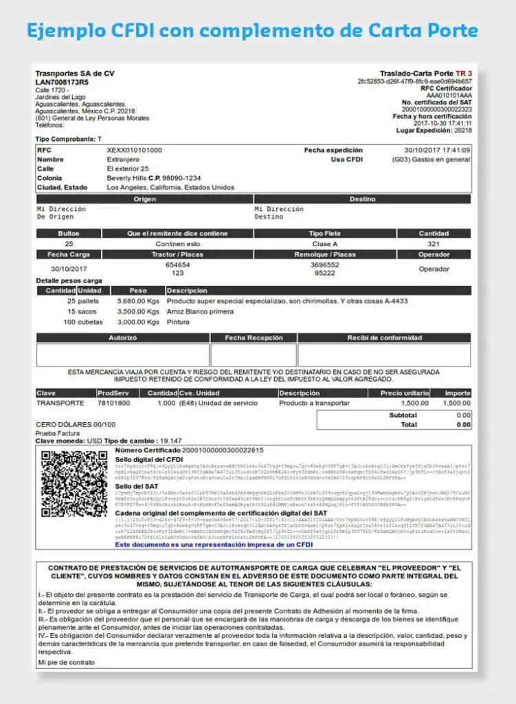 Ejemplo de complemento de Carta Porte